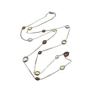 Tri-Color Station Necklace with Silver Gold & Copper Toned Beads Dainty Thin Cha